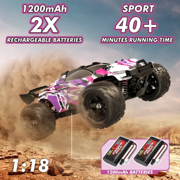 Voiture Monster Truck RC 4x4 1/18 rose – tout-terrain rapide jusqu’à 40 km/h, 2 batteries Li-ion